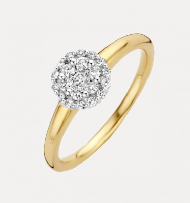 14 KARAAT GEEL- MET WITGOUDEN BICOLOR ENTOURAGE RING MODEL PAZZO MET BRILJANT.
Sieraden uit de serie PAZZO, hebben een elegante weelderige uitstraling. Door de in entourage gezette briljanten schitteren de sieraden prachtig. PAZZO bestaat uit ringen, hangers en oorsieraden.